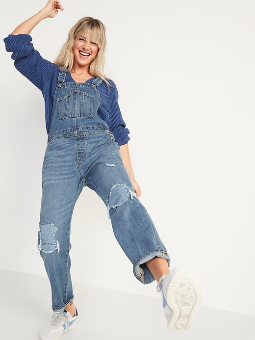 Image number 1 showing, Slouchy Straight Distressed Workwear Jean Overalls for Women