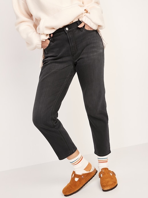 Image number 1 showing, Mid-Rise Built-In Warm Black-Wash Boyfriend Jeans for Women