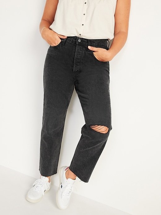 Image number 5 showing, Extra High-Waisted Button-Fly Sky-Hi Straight Black Ripped Jeans for Women
