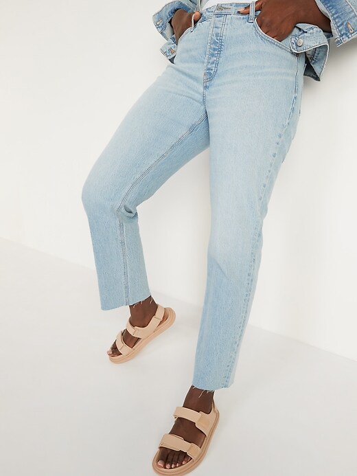 Image number 5 showing, High-Waisted Slouchy Straight Button-Fly Cut-Off Jeans for Women