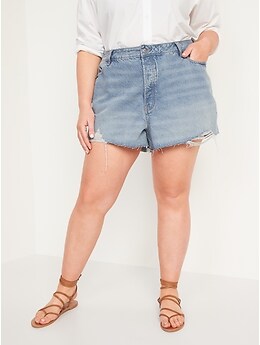 Higher High-Waisted Button-Fly Sky-Hi A-Line Cut-Off Non-Stretch Jean Shorts for Women -- 3-inch inseam