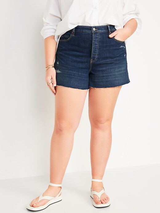 Image number 7 showing, Higher High-Waisted Button-Fly Sky-Hi A-Line Distressed Cut-Off Jean Shorts for Women -- 3-inch inseam