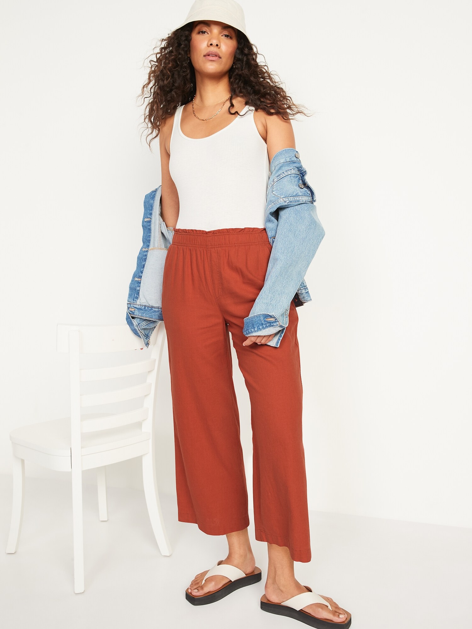 High-Waisted Lettuce-Edge Linen-Blend 