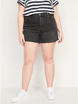 Higher High-Waisted Button-Fly Sky-Hi A-Line Black Cut-Off Jean Shorts for Women -- 3-inch inseam