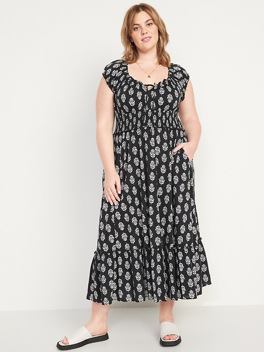 Waist-Defined Short-Sleeve Printed Midi Dress for Women | Old Navy