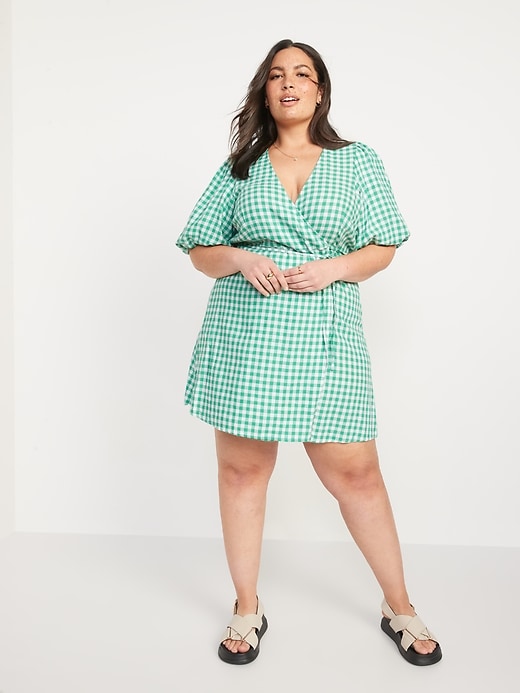 Waist-Defined Puff-Sleeve Gingham Mini Wrap Dress | Old Navy