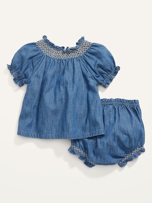 Short-Sleeve Smocked Chambray Top and Bloomers Set for Baby