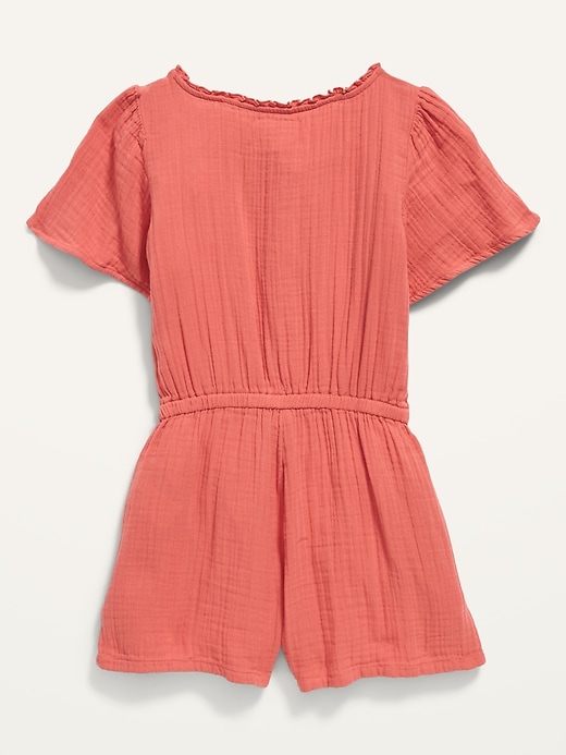 View large product image 2 of 2. Double-Weave Button-Front Short-Sleeve Romper for Girls