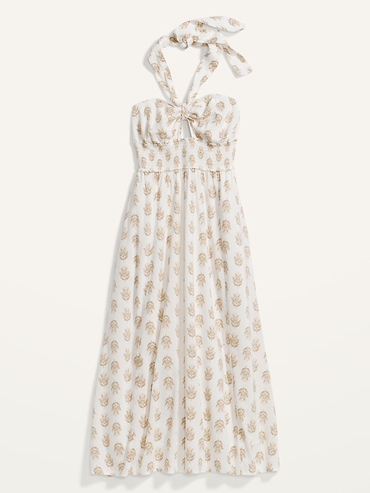 Image number 4 showing, Fit & Flare Smocked Printed Keyhole Halter Maxi Dress