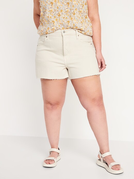 Image number 7 showing, Higher High-Waisted Button-Fly Sky-Hi A-Line Ecru Cut-Off Jean Shorts for Women -- 3-inch inseam