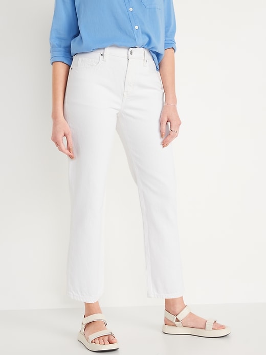 Image number 1 showing, High-Waisted Slouchy Straight Cropped Non-Stretch White Jeans for Women