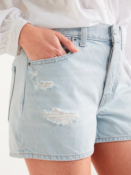 Image number 3 showing, High-Waisted Button-Fly Slouchy Straight Ripped Non-Stretch Jean Shorts for Women -- 3-inch inseam