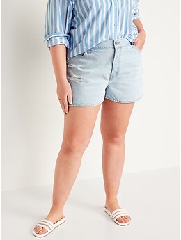 High-Waisted Button-Fly Slouchy Straight Ripped Non-Stretch Jean Shorts for Women -- 3-inch inseam