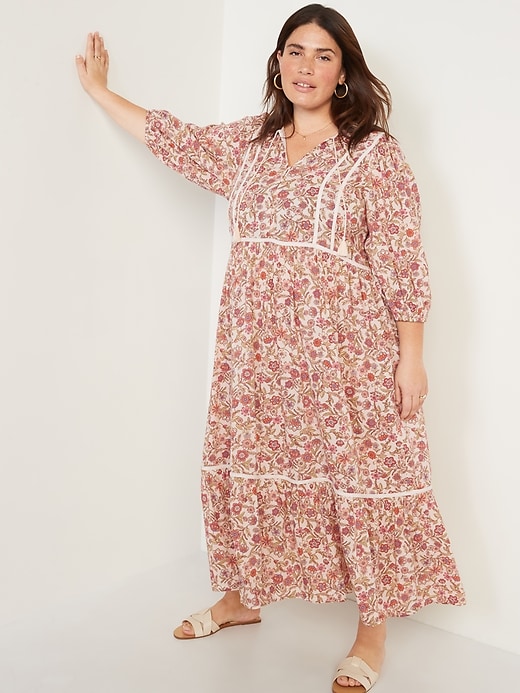 Image number 7 showing, Floral-Print 3/4-Sleeve Tie-Neck Maxi Swing Dress