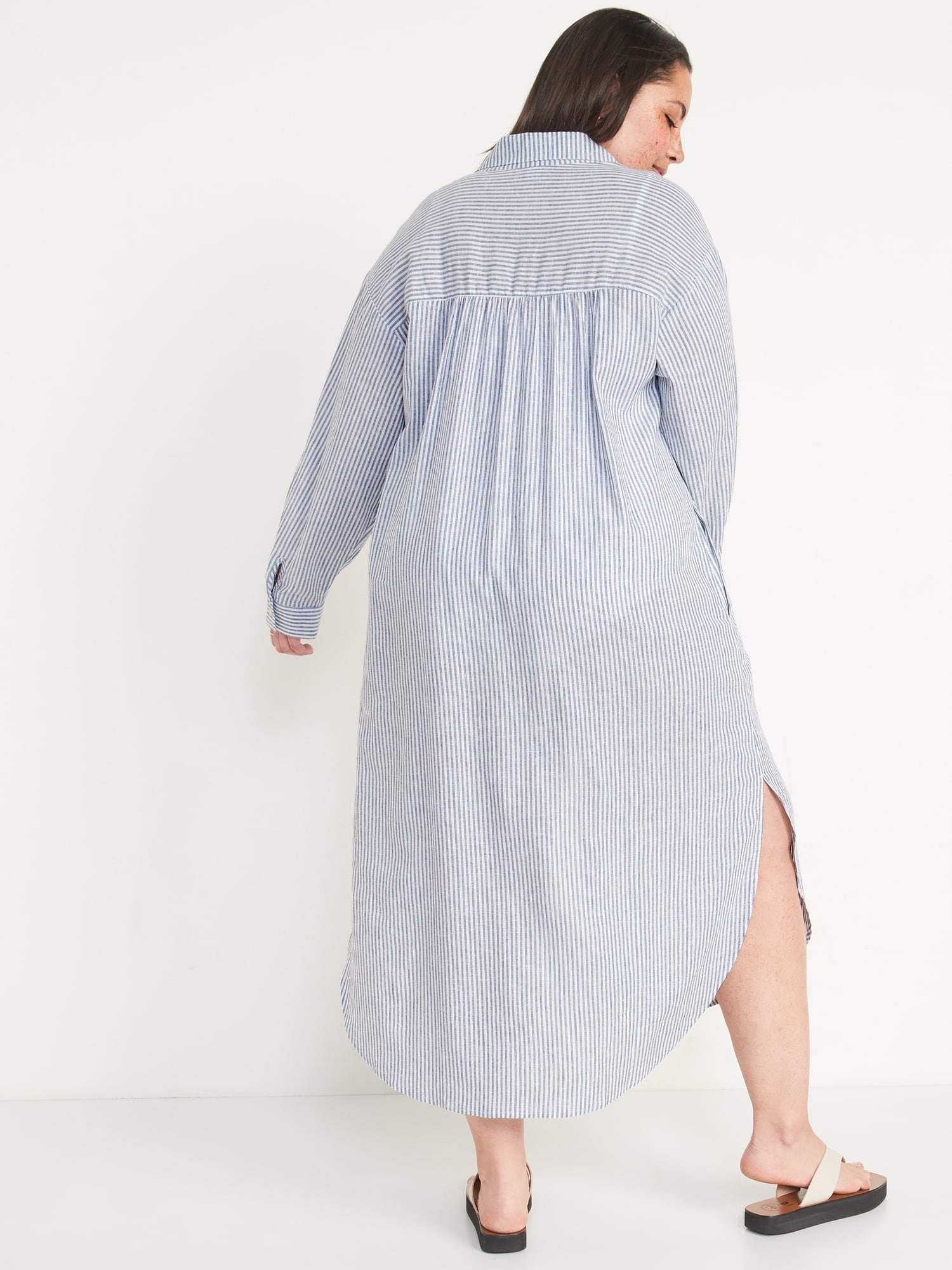 Long-Sleeve Striped Linen-Blend Midi Shirt Dress for Women