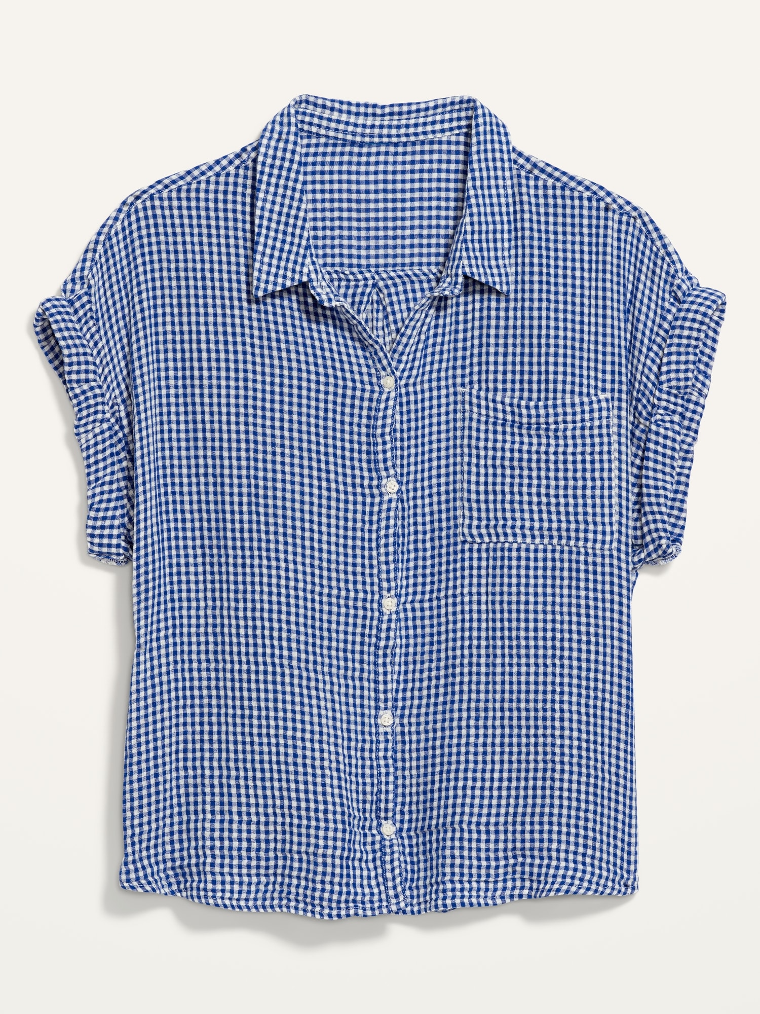 ShortSleeve Oversized Cropped Crinkled Gingham Shirt for Women Old Navy