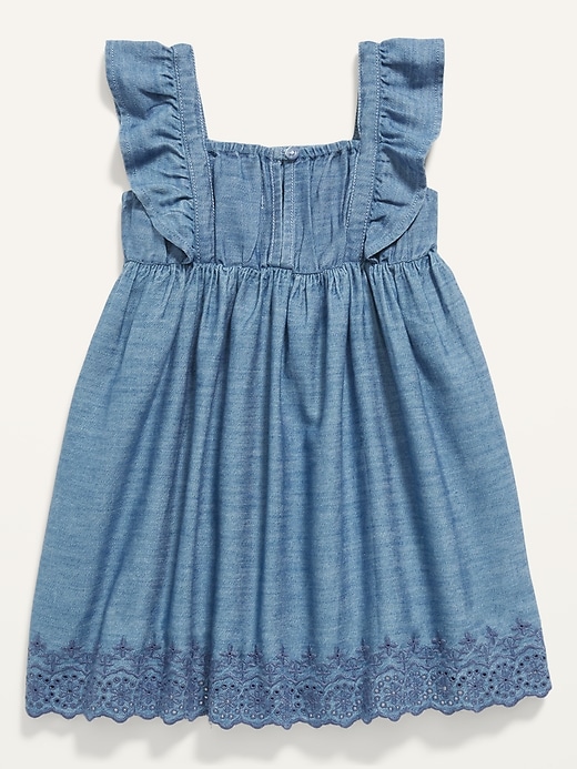 Matching Chambray Embroidered Ruffle Trim Swing Dress for Toddler Girls