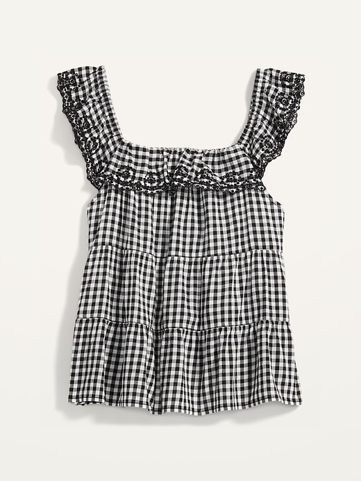 View large product image 2 of 2. Sleeveless Tiered Ruffled Gingham Swing Blouse for Women