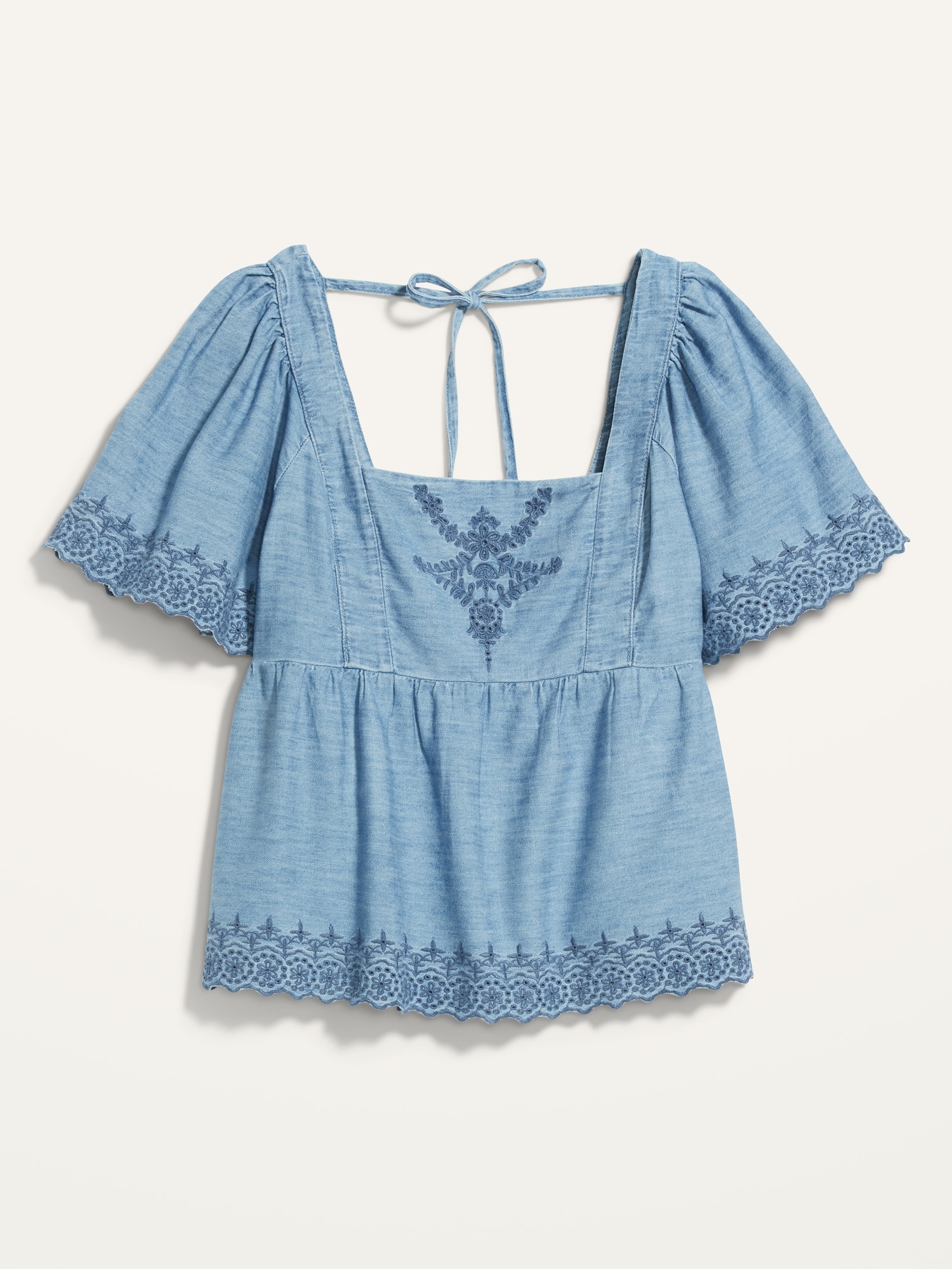 Matching Chambray Flutter-Sleeve Embroidered Tie-Back Top for
