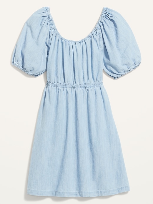 Image number 4 showing, Puff-Sleeve Tie-Back Chambray Swing Dress for Women