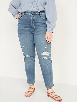 Higher High-Rise Button-Fly O.G. Straight Distressed Cut-Off Jeans for Women