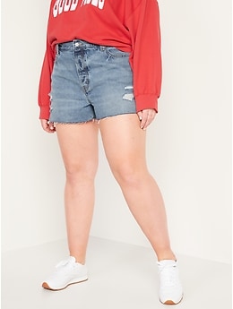 High-Waisted Button-Fly Slouchy Straight Distressed Cut-Off Jean Shorts -- 3-inch inseam