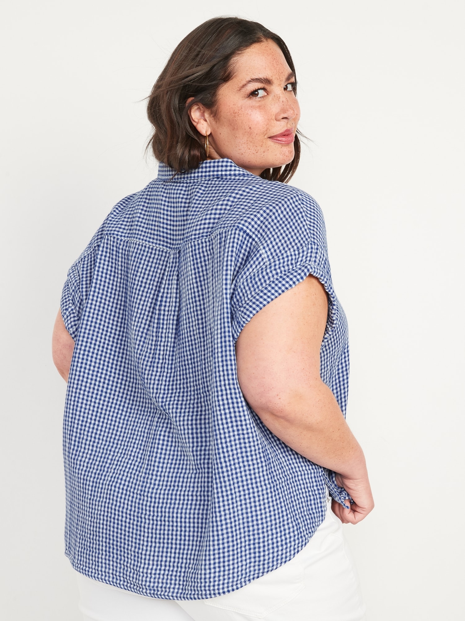Short-Sleeve Oversized Cropped Crinkled Gingham Shirt for Women | Old Navy