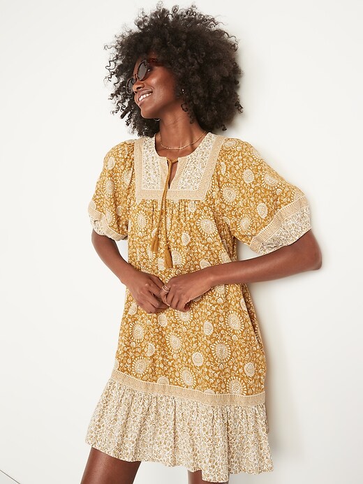Image number 3 showing, Puff-Sleeve Printed Mini Swing Dress