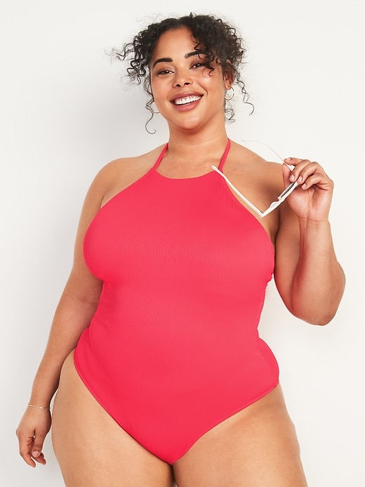 Image number 7 showing, Rib-Knit One-Piece Halterneck Swimsuit