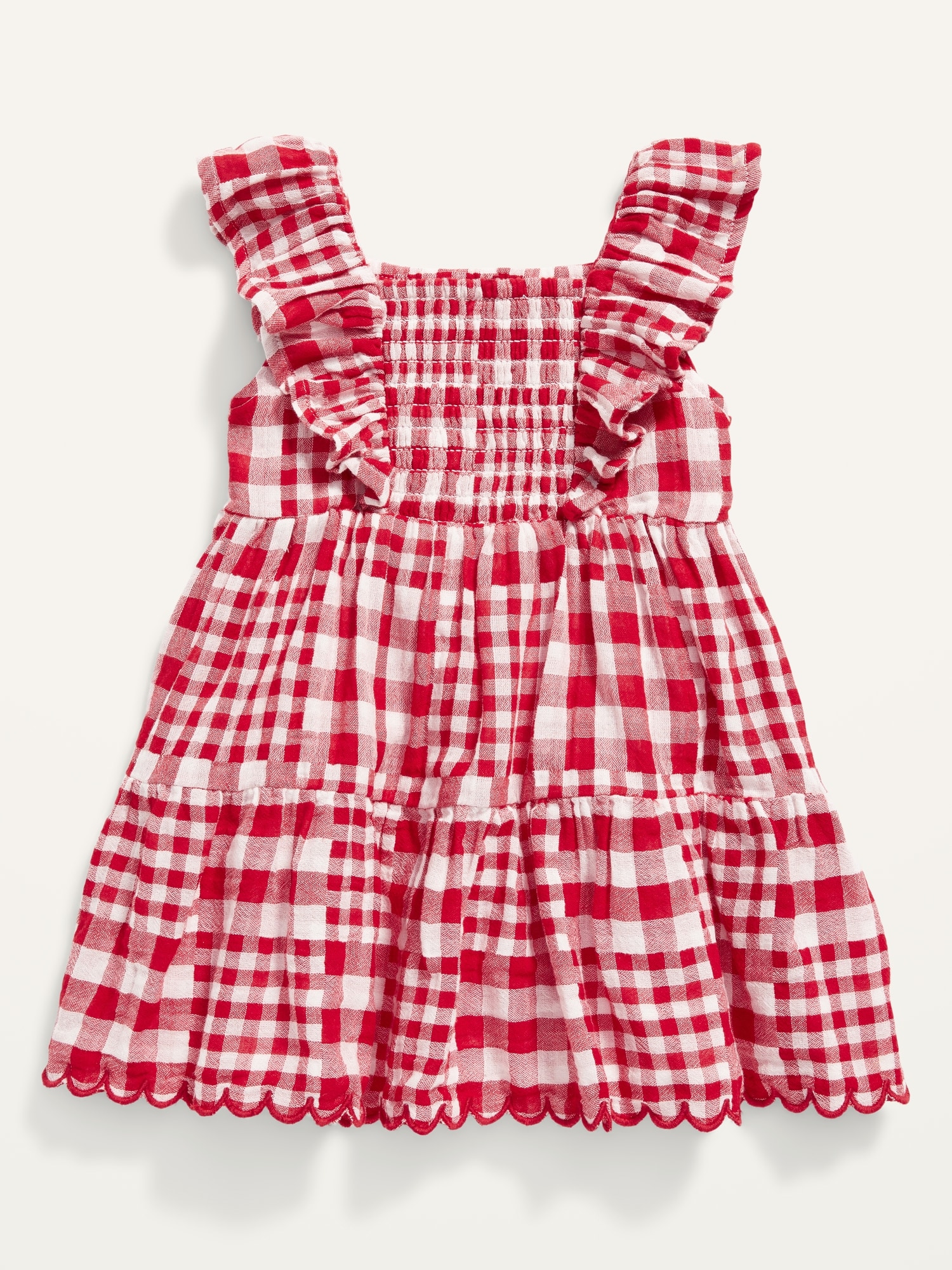 Ruffle-Sleeve Tiered Shirtdress in Gingham Check