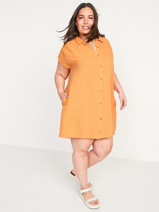 Image number 7 showing, Short-Sleeve Double-Weave Mini Swing Shirt Dress for Women