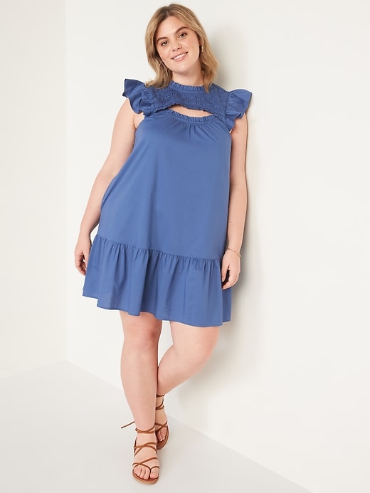 Image number 5 showing, Flutter-Sleeve Cotton-Poplin Smocked Cut-Out Mini Swing Dress for Women