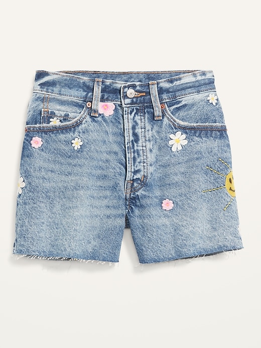 Image number 4 showing, Higher High-Waisted Button-Fly Sky-Hi A-Line Patchwork Cut-Off Non-Stretch Jean Shorts for Women -- 3-inch inseam