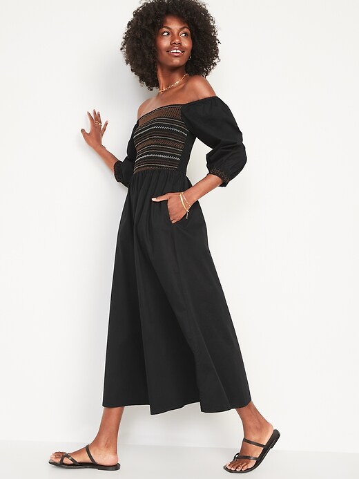 Old Navy Fit Flare Off the Shoulder Cotton Poplin Smocked Maxi Dress for Women