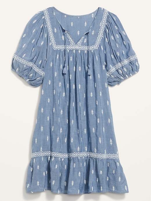 Image number 4 showing, Puff-Sleeve Split-Neck Embroidered Mini Swing Dress for Women