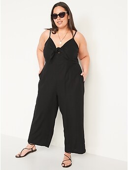 Cropped Knotted Cutout Smocked Linen-Blend Wide-Leg Jumpsuit for Women