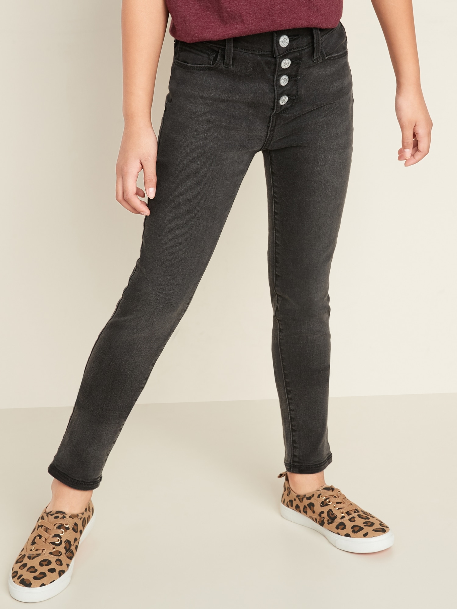 High Waisted Built In Tough Rockstar Super Skinny Button Fly Black Jeggings For Girls Old Navy