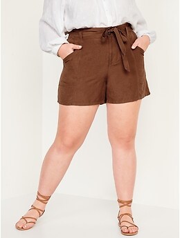 High-Waisted Soft Linen-Blend Paperbag Workwear Shorts for Women - 4.5-inch inseam