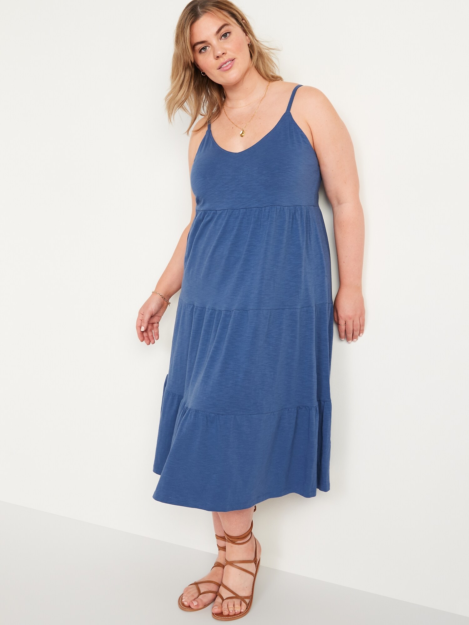 Tiered Slub-Knit Midi Cami Swing Dress 