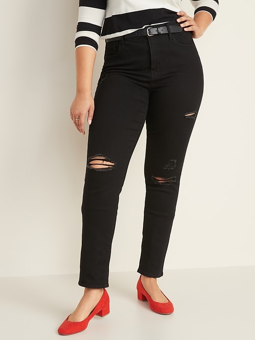 Image number 5 showing, High-Waisted Distressed Power Slim Straight Black Jeans For Women