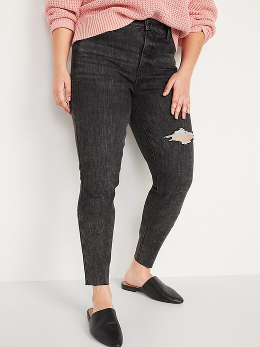 Image number 5 showing, High-Waisted Rockstar Super-Skinny Gray Ripped Ankle Jeans