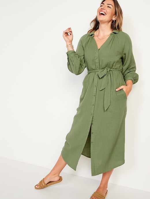 Image number 5 showing, Long-Sleeve Waist-Defined Midi Dress for Women