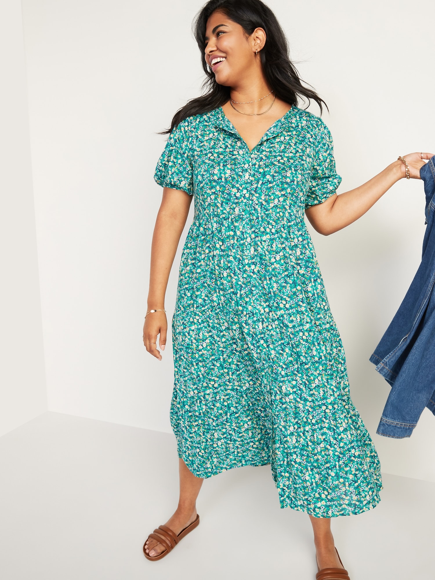 Puff-Sleeve Midi Swing Dress