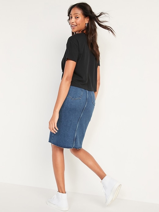 Image number 2 showing, Higher High-Waisted Button-Fly Cut-Off Jean Pencil Skirt