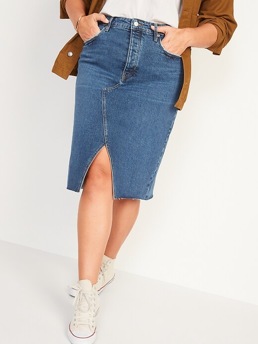 Image number 5 showing, Higher High-Waisted Button-Fly Cut-Off Jean Pencil Skirt