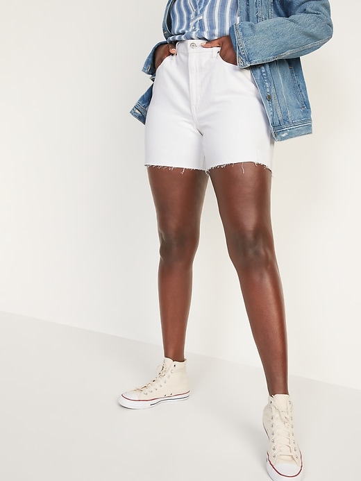Image number 5 showing, High-Waisted Slouchy Straight White Cut-Off Jean Shorts for Women -- 5-inch inseam