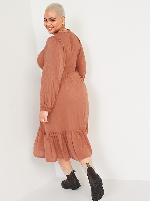 Image number 5 showing, Long-Sleeve Fit & Flare Smocked Clip-Dot Midi Dress for Women