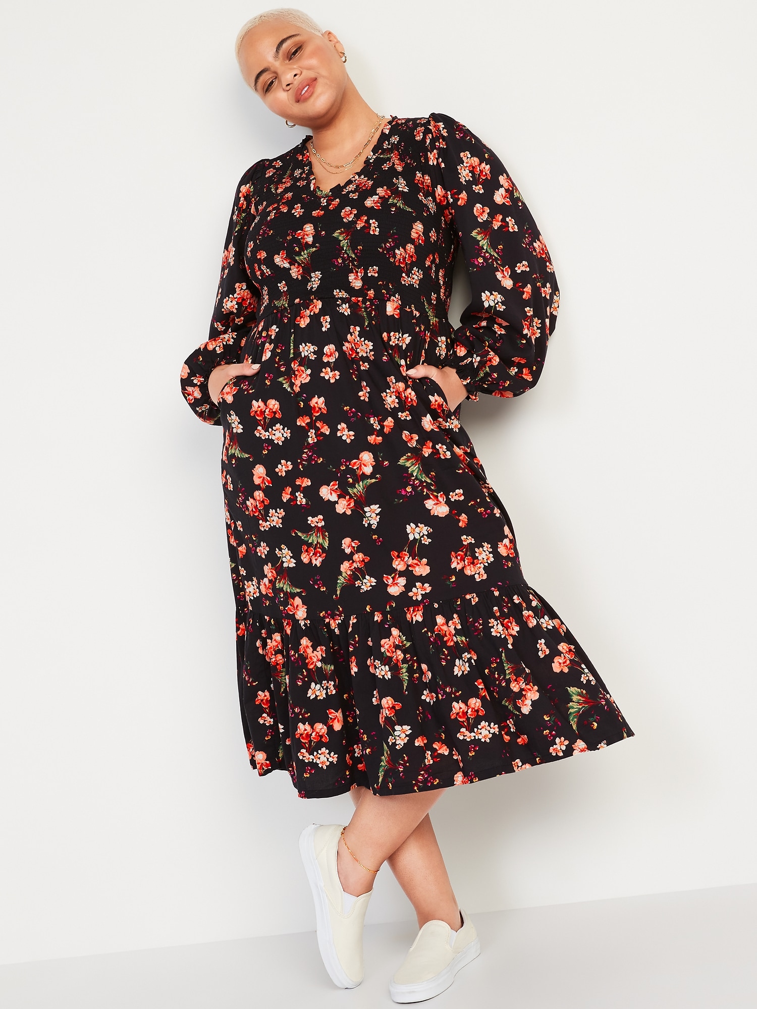 Long-Sleeve Fit & Flare Smocked Midi Dress for Women | Old Navy