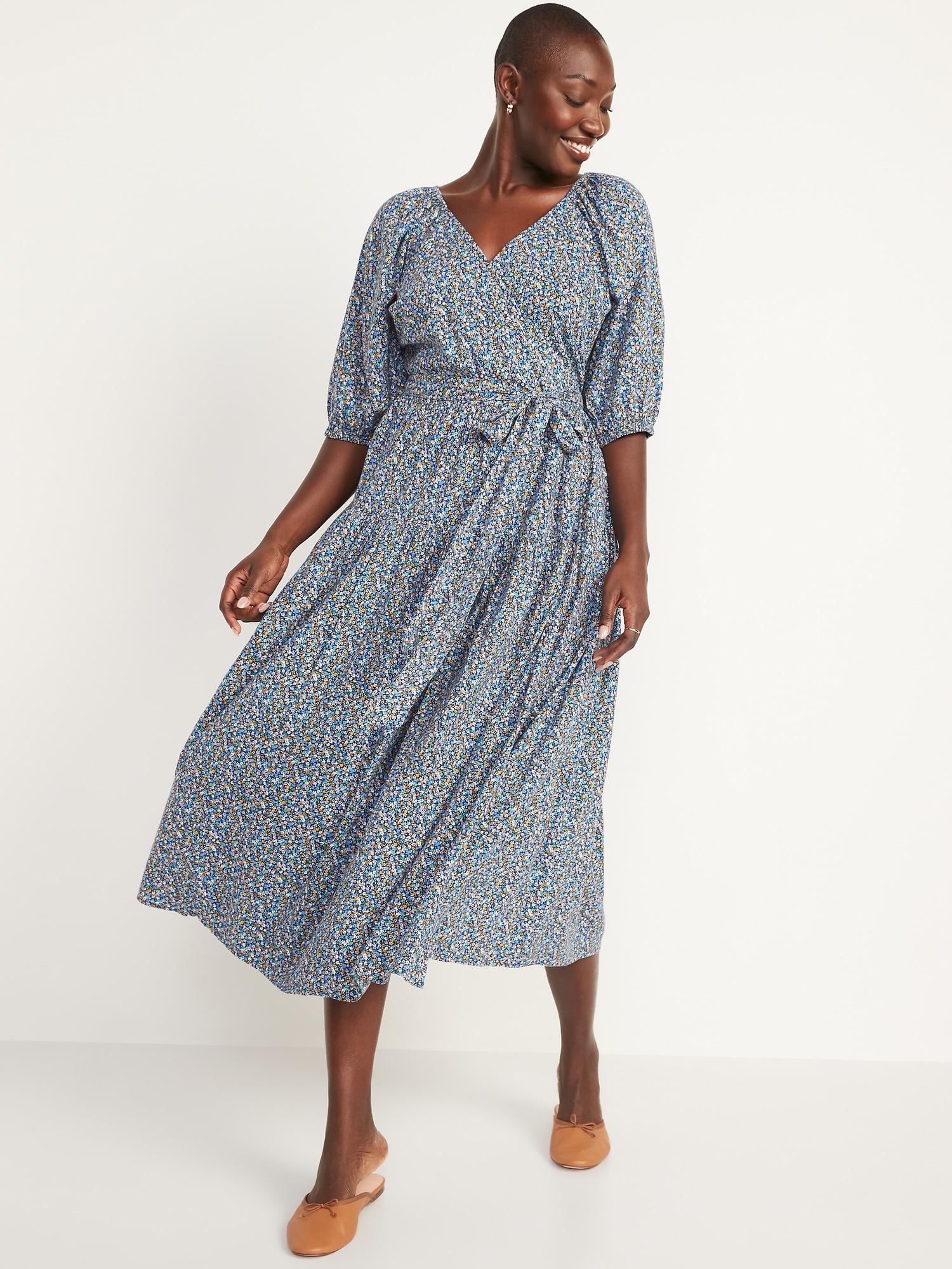 Blue floral wrap dress hotsell