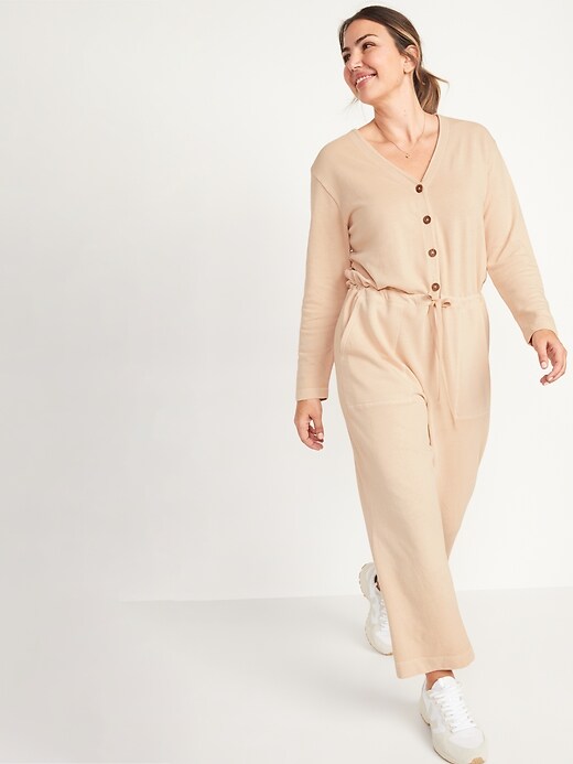 Image number 5 showing, Long-Sleeve Cropped French-Terry Utility Jumpsuit for Women